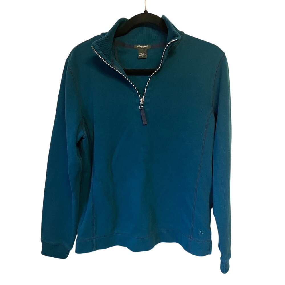 Eddie Bauer Womens Teal Blue 100% Cotton Quarter Zip Pullover Sweater Size Large